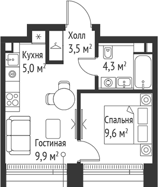 Планировка — Сет, 2-комн., 32 м²