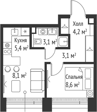 Планировка — Сет, 2-комн., 33 м²