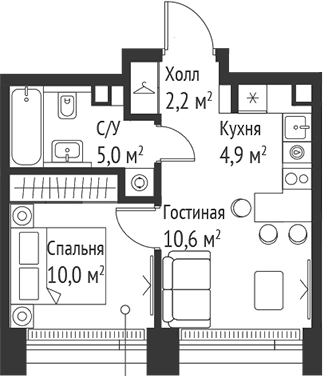 Планировка — Сет, 2-комн., 33 м²