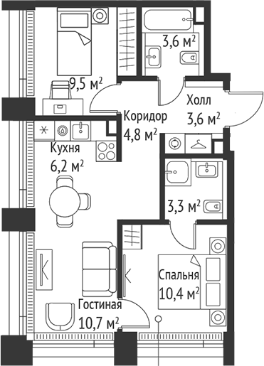Планировка — Сет, 3-комн., 52 м²