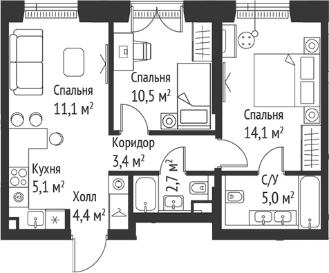 Планировка — Сет, 3-комн., 56 м²