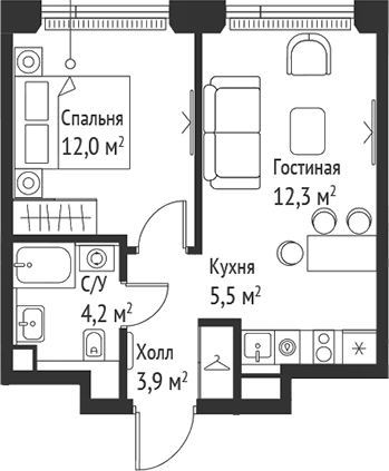 Планировка — Сет, 2-комн., 38 м²