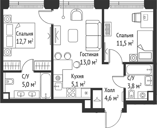 Планировка — Сет, 3-комн., 56 м²