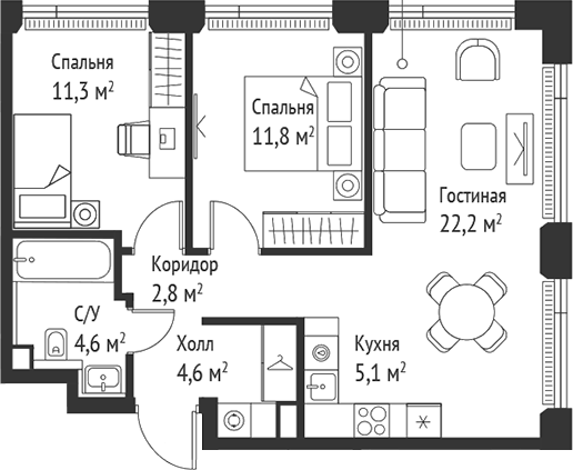 Планировка — Сет, 3-комн., 63 м²