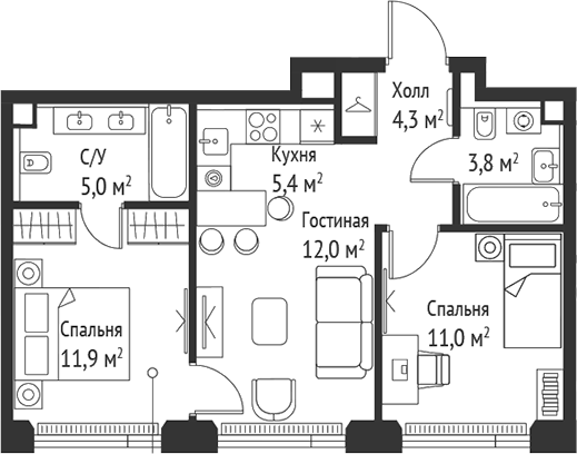 Планировка — Сет, 3-комн., 53 м²