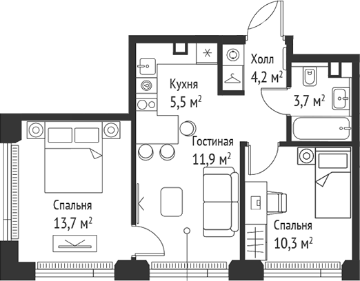 Планировка — Сет, 3-комн., 49 м²