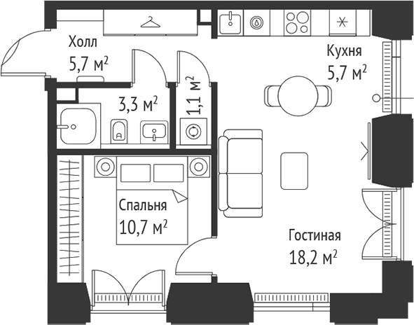 Планировка — Сет, 2-комн., 45 м²