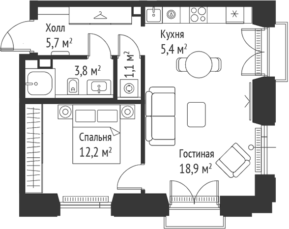 Планировка — Сет, 2-комн., 47 м²