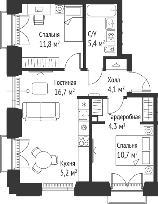 Планировка — Сет, 3-комн., 58 м²