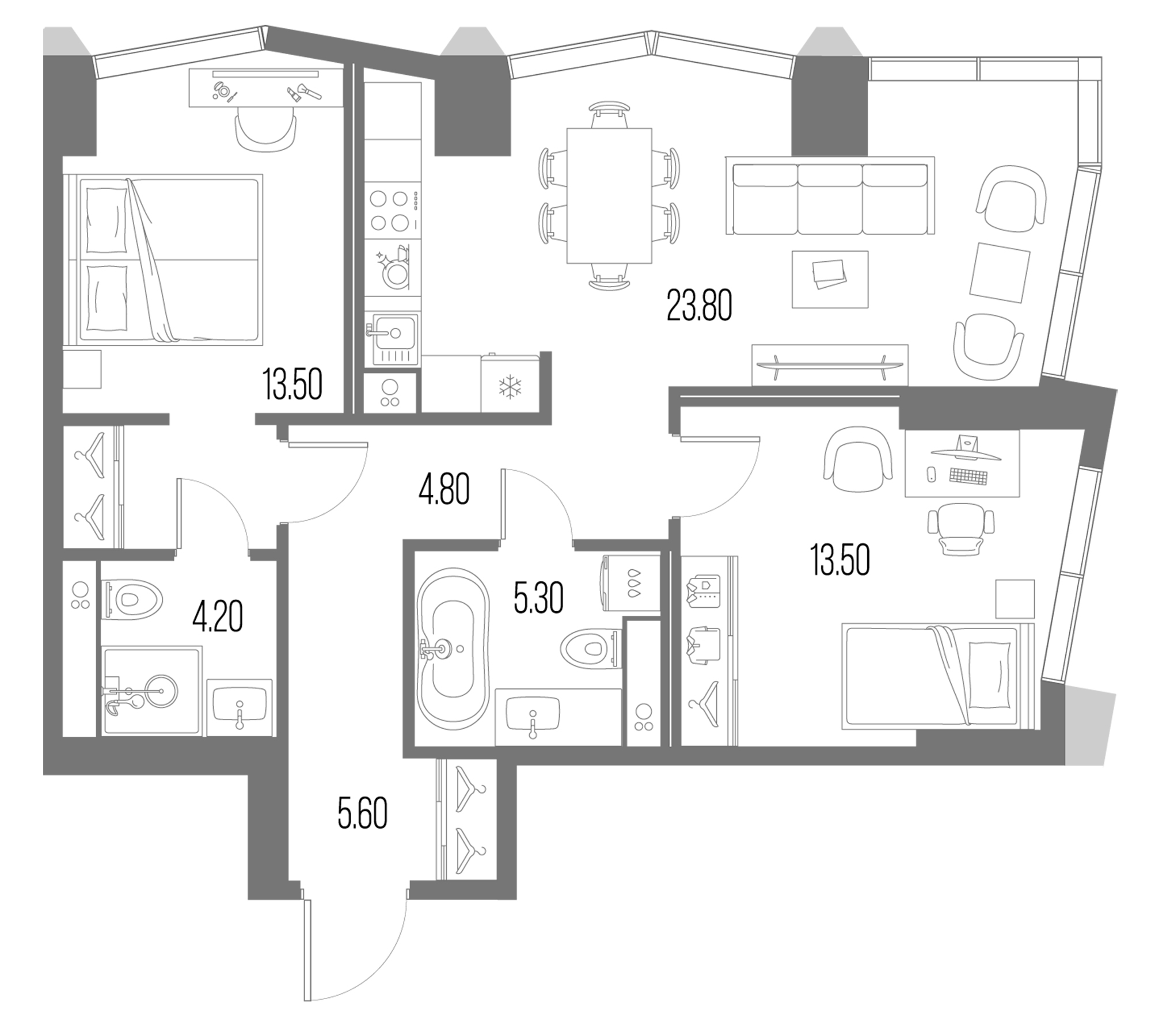 Планировка — Северный Порт, 3-комн., 71 м²