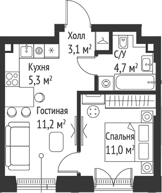 Планировка — Сет, 2-комн., 35 м²