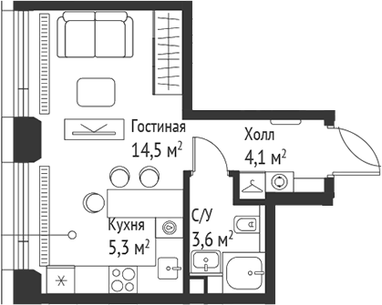 Планировка — Сет, Студия, 28 м²