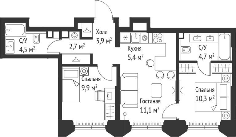 Планировка — Сет, 3-комн., 53 м²