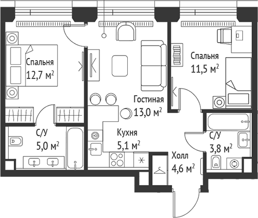 Планировка — Сет, 3-комн., 56 м²