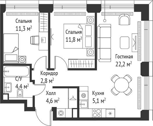 Планировка — Сет, 3-комн., 62 м²