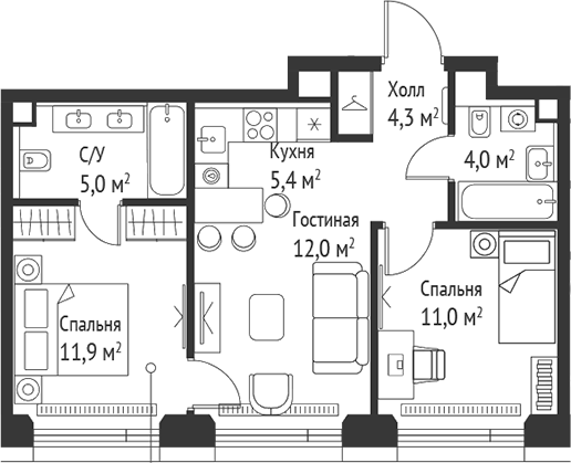 Планировка — Сет, 3-комн., 54 м²