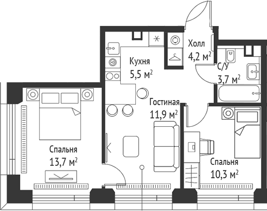 Планировка — Сет, 3-комн., 49 м²