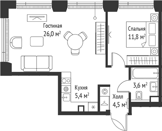 Планировка — Сет, 2-комн., 51 м²