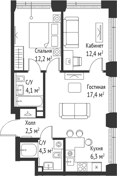 Планировка — Сет, 3-комн., 59 м²