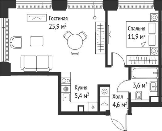 Планировка — Сет, 2-комн., 52 м²