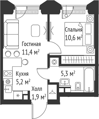 Планировка — Сет, 2-комн., 35 м²