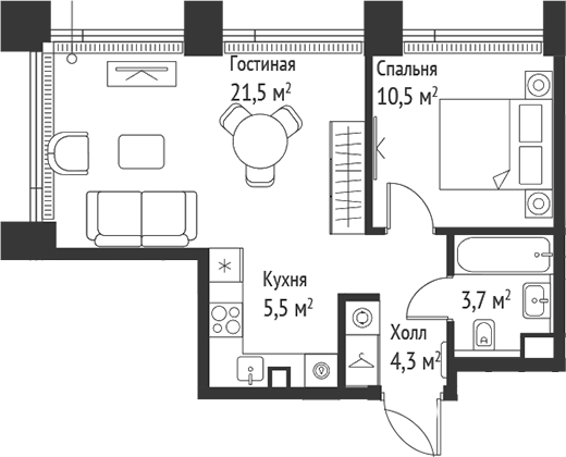 Планировка — Сет, 2-комн., 45 м²