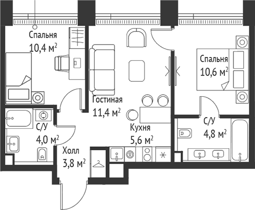 Планировка — Сет, 3-комн., 51 м²