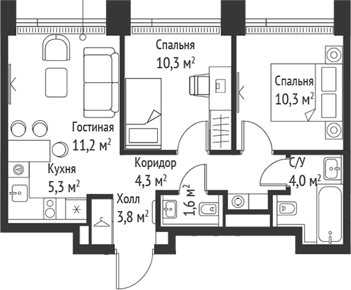 Планировка — Сет, 3-комн., 51 м²