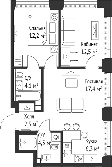 Планировка — Сет, 3-комн., 59 м²