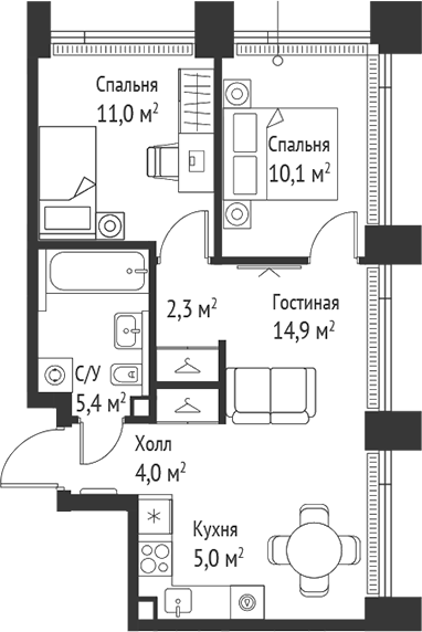 Планировка — Сет, 3-комн., 53 м²
