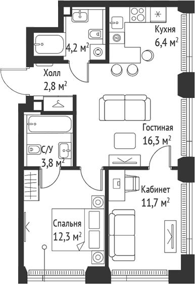 Планировка — Сет, 3-комн., 58 м²