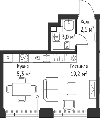 Планировка — Сет, Студия, 30 м²