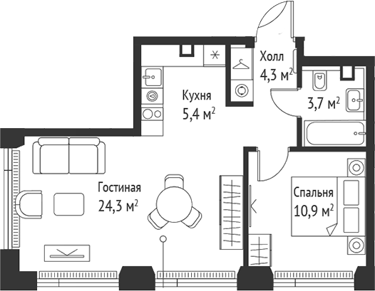 Планировка — Сет, 2-комн., 49 м²