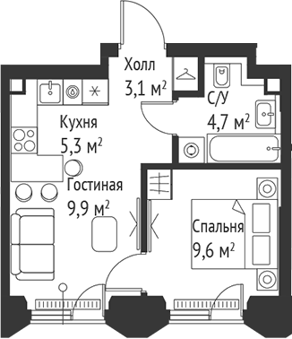 Планировка — Сет, 2-комн., 33 м²