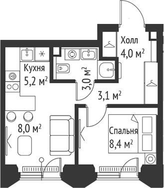 Планировка — Сет, 2-комн., 32 м²