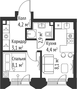Планировка — Сет, 2-комн., 31 м²