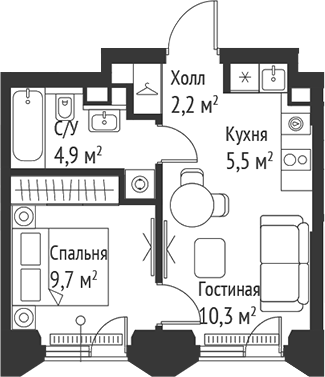 Планировка — Сет, 2-комн., 33 м²