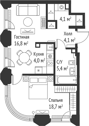 Планировка — Сет, 2-комн., 53 м²
