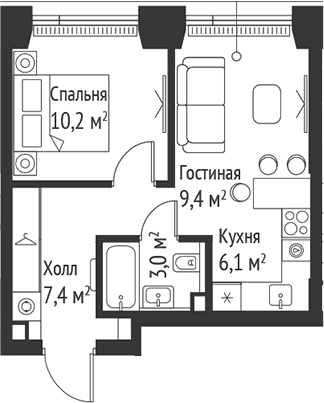 Планировка — Сет, 2-комн., 36 м²