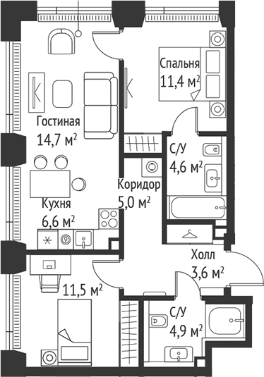 Планировка — Сет, 3-комн., 62 м²
