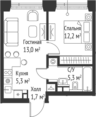 Планировка — Сет, 2-комн., 37 м²