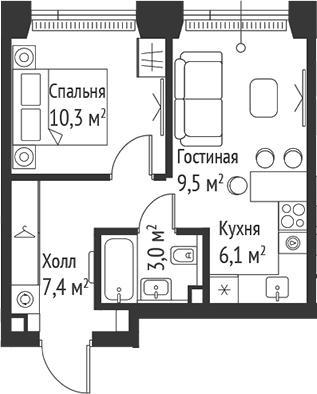 Планировка — Сет, 2-комн., 36 м²