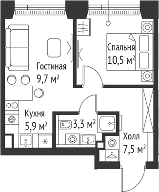 Планировка — Сет, 2-комн., 37 м²