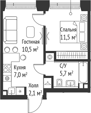 Планировка — Сет, 2-комн., 37 м²