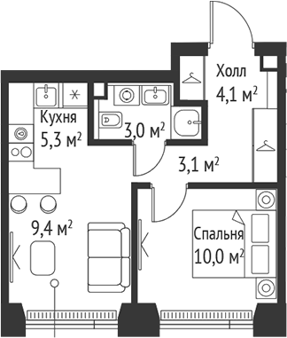Планировка — Сет, 2-комн., 35 м²