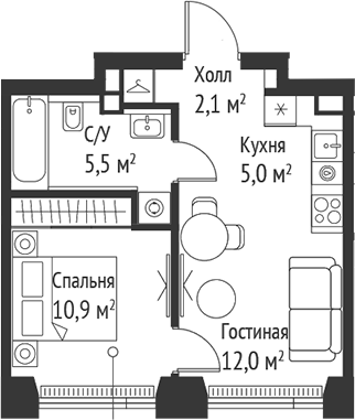 Планировка — Сет, 2-комн., 36 м²