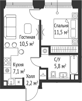 Планировка — Сет, 2-комн., 37 м²