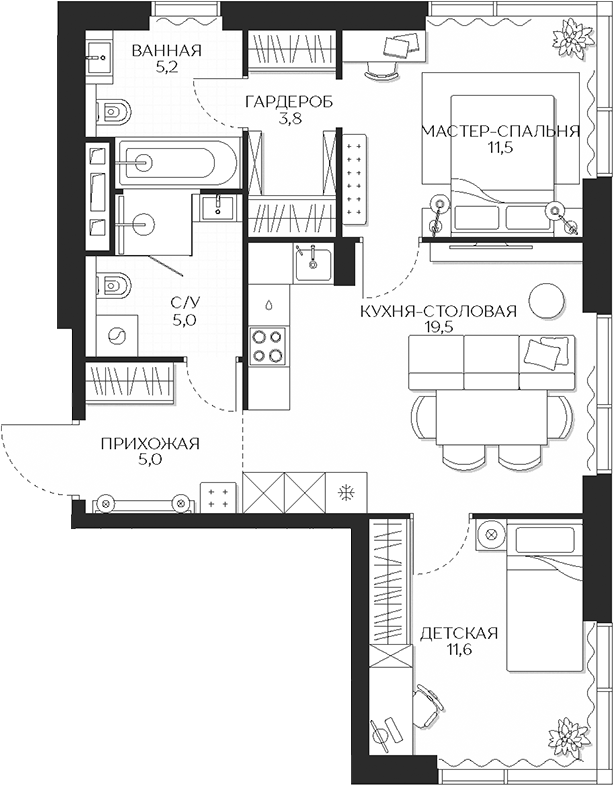 Планировка — Кутузов Сити, 2-комн., 62 м²