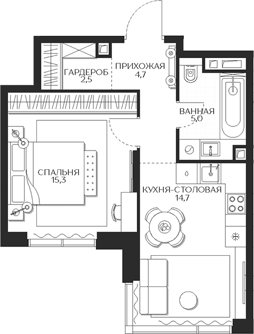Планировка — Кутузов Сити, 1-комн., 42 м²