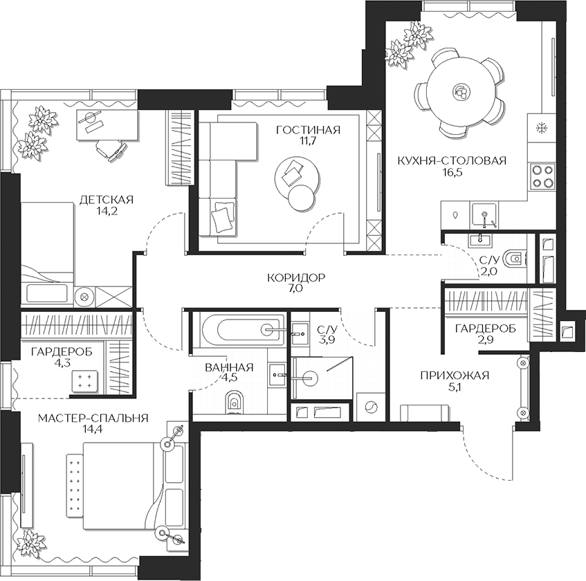 Планировка — Кутузов Сити, 3-комн., 87 м²